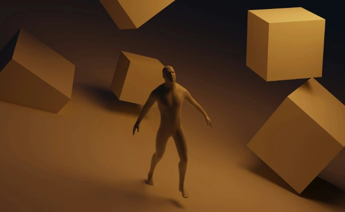 a man standing in front of a group of cubes